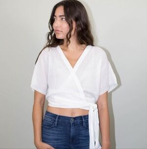 Rue Stiic Robbie Tie Front Top White Linen Size M